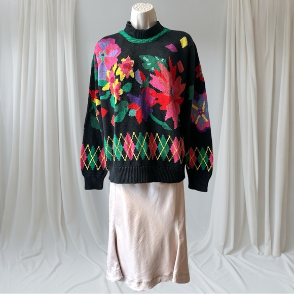 Vintage Jack B. Quick Floral Mock Neck Cotton Sweater, Size M, Black Multi - Picture 3 of 13